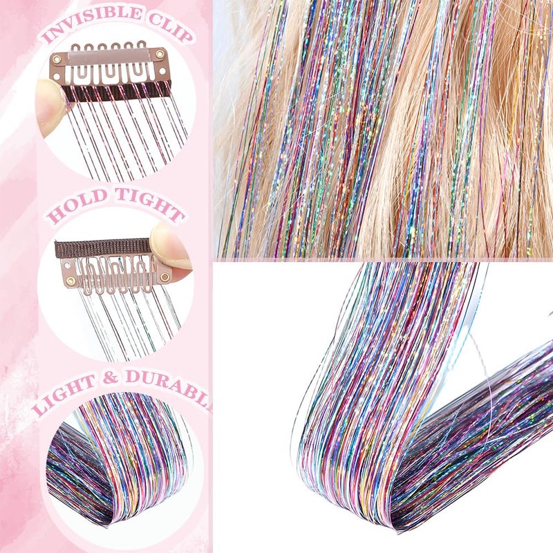 EROADE Hair Tinsel 12 Pcs Clip in Hair Tinsel Kit for Girls 22 Inch Glitter Fairy Tinsel Hair Extensions Colorful Heat Resistant Party Festival Accessories for Women (pink/multicolor-12 Pcs) - Image 2